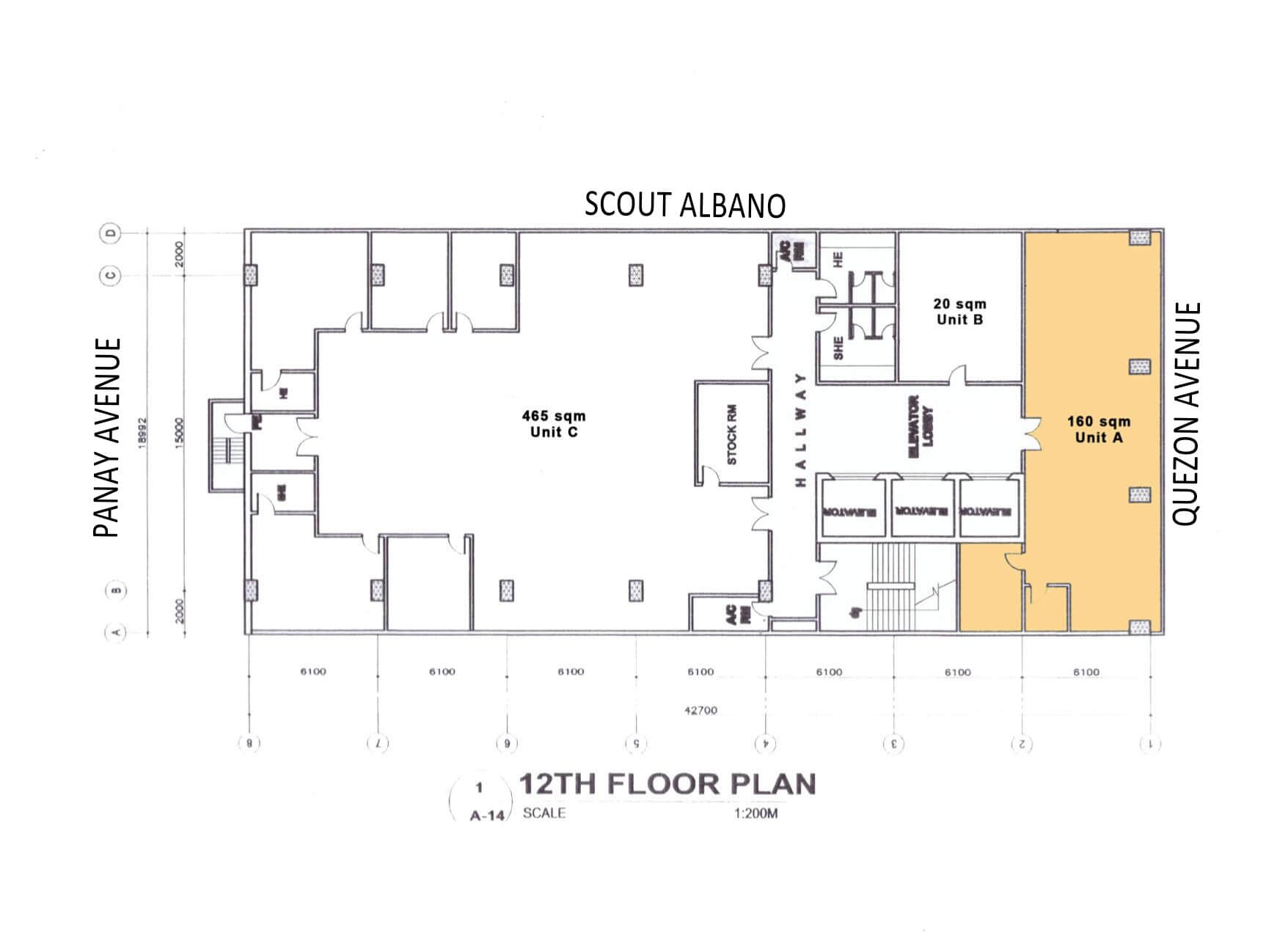 12th floor plan illustrating Unit A (160 sqm) highlighted, Unit B (20 sqm), Unit C (465 sqm), central hallways, elevator lobby, along Panay Avenue, Scout Albano, and Quezon Avenue.