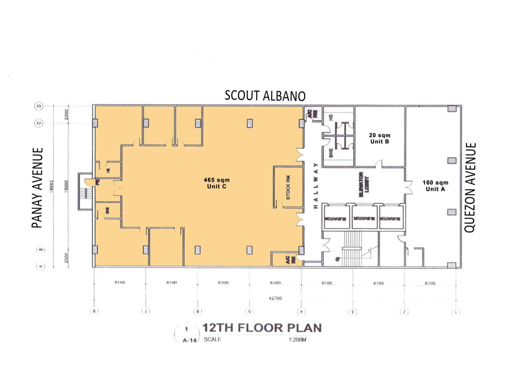 12th floor plan showing Unit C (465 sqm), Unit B (20 sqm), and Unit A (160 sqm), along with elevator lobby, hallways, and adjacent streets Panay Avenue, Scout Albano, and Quezon Avenue.