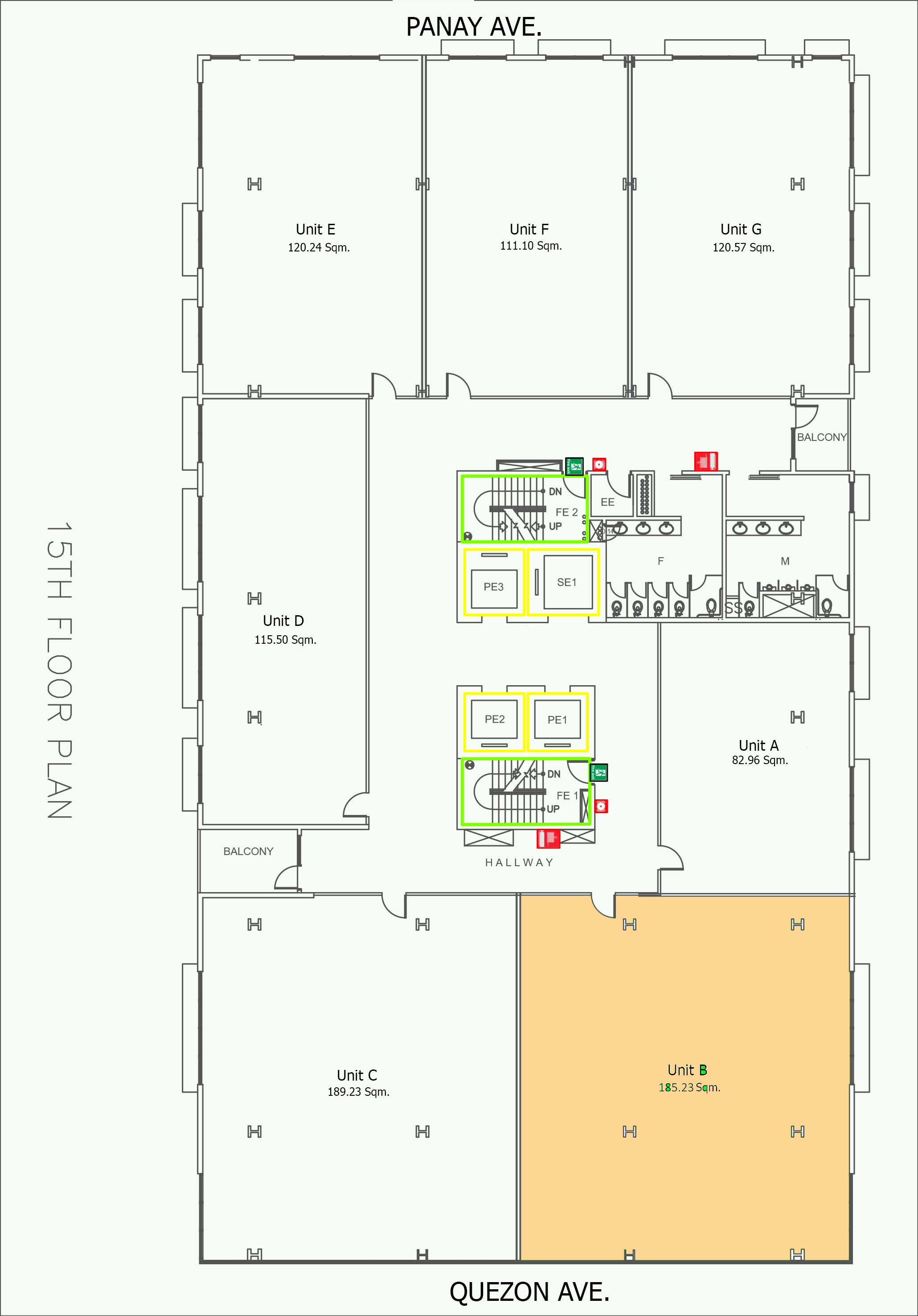 15th-floor plan detailing units A-G, elevators, stairs, and restrooms, with Unit B highlighted in orange.