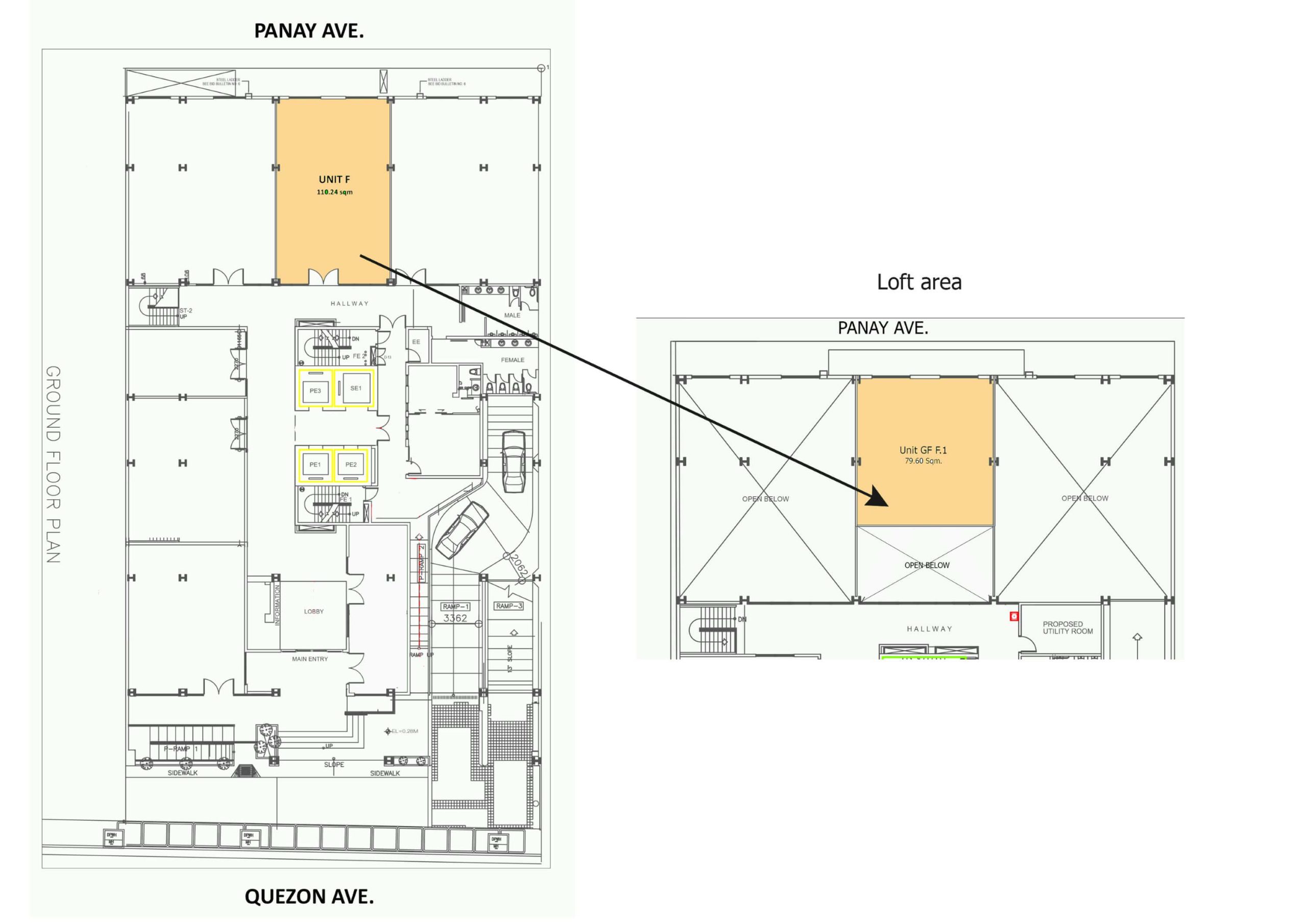 Architectural floor plans displaying Ground Floor Unit F (110.24 sqm) and its connected Loft Area Unit GF-F.1 (79.60 sqm).