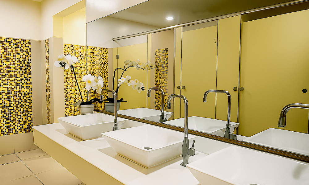 A modern comfort room with white vessel sinks, chrome faucets, yellow and brown mosaic tiles, and yellow toilet stalls reflected in a large mirror.